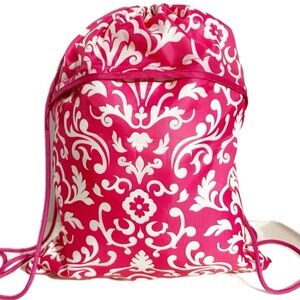Thirty-One Pink White Drawstring Bag Paisley Pattern Parisian Pop Style Backpack